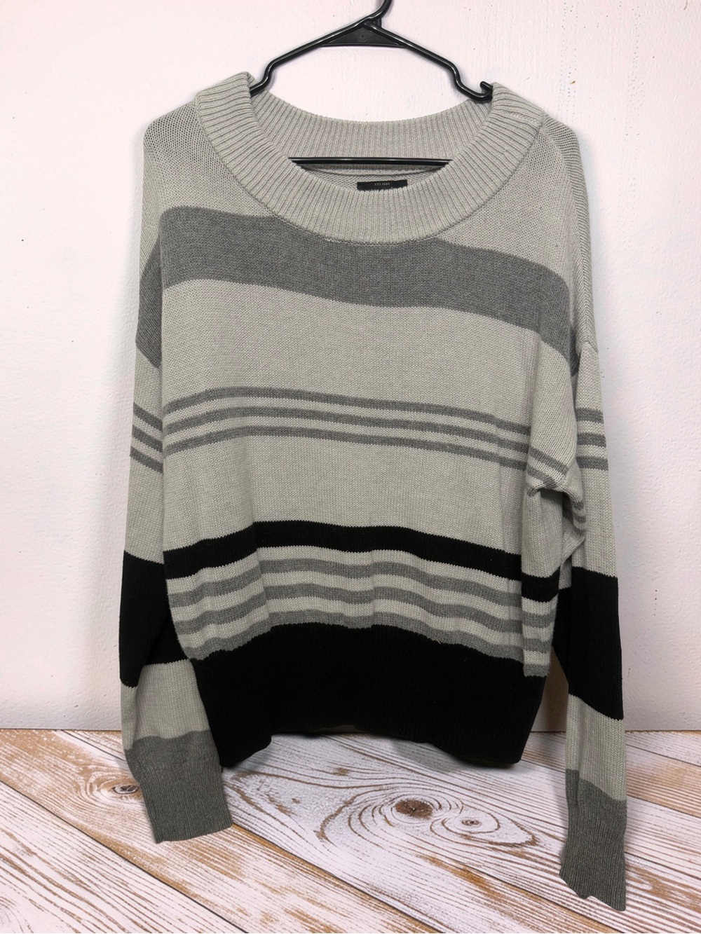 Lucky Brand Gray and Black Striped Crewneck Sweater